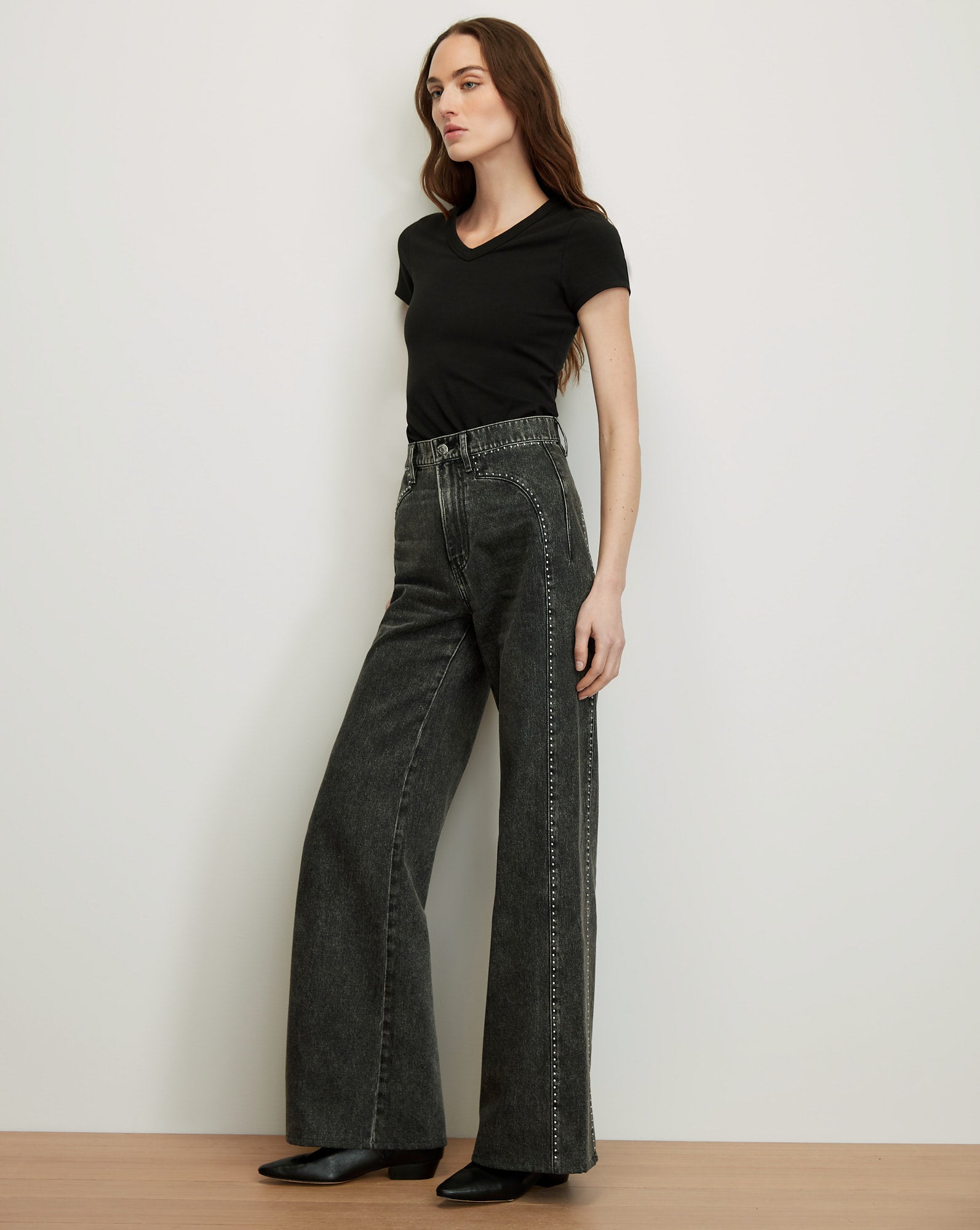 Grant Studded Wide-Leg Jean in Washed Black Tornado | Veronica Beard
