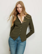 Veronica Beard Olive green button-front long-sleeve top with a v-neck.