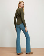 Veronica Beard Olive green long-sleeve ribbed knit top and blue
