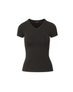 Veronica Beard Black t-shirt and dark gray wide-leg jeans with