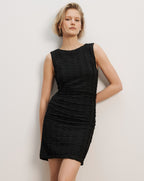 Veronica Beard Black textured sleeveless mini dress with ruched waist.