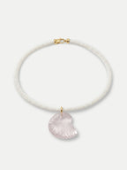 Veronica Beard White beaded necklace with a pink shell pendant.