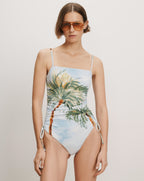 Veronica Beard White palm tree print one-piece swimsuit with side