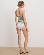 Veronica Beard Palm print one-piece swimsuit with thin straps.