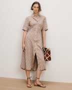 Veronica Beard Beige plaid midi shirt dress with short sleeves.