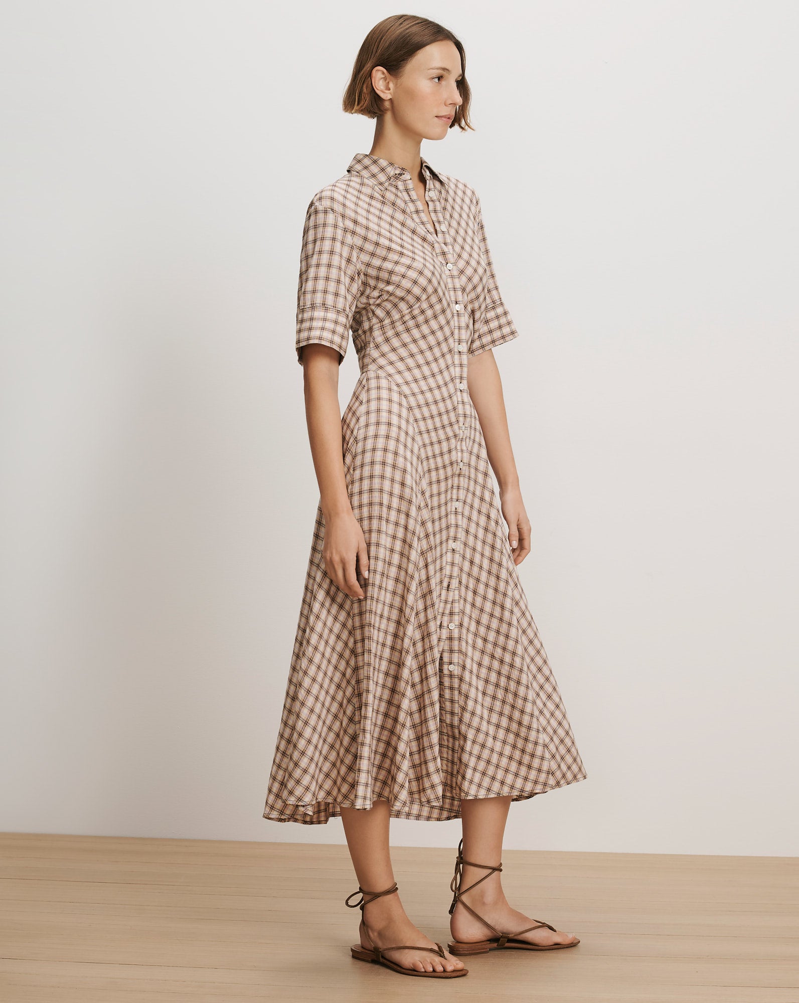 Veronica Beard Beige plaid midi shirtdress with short sleeves and