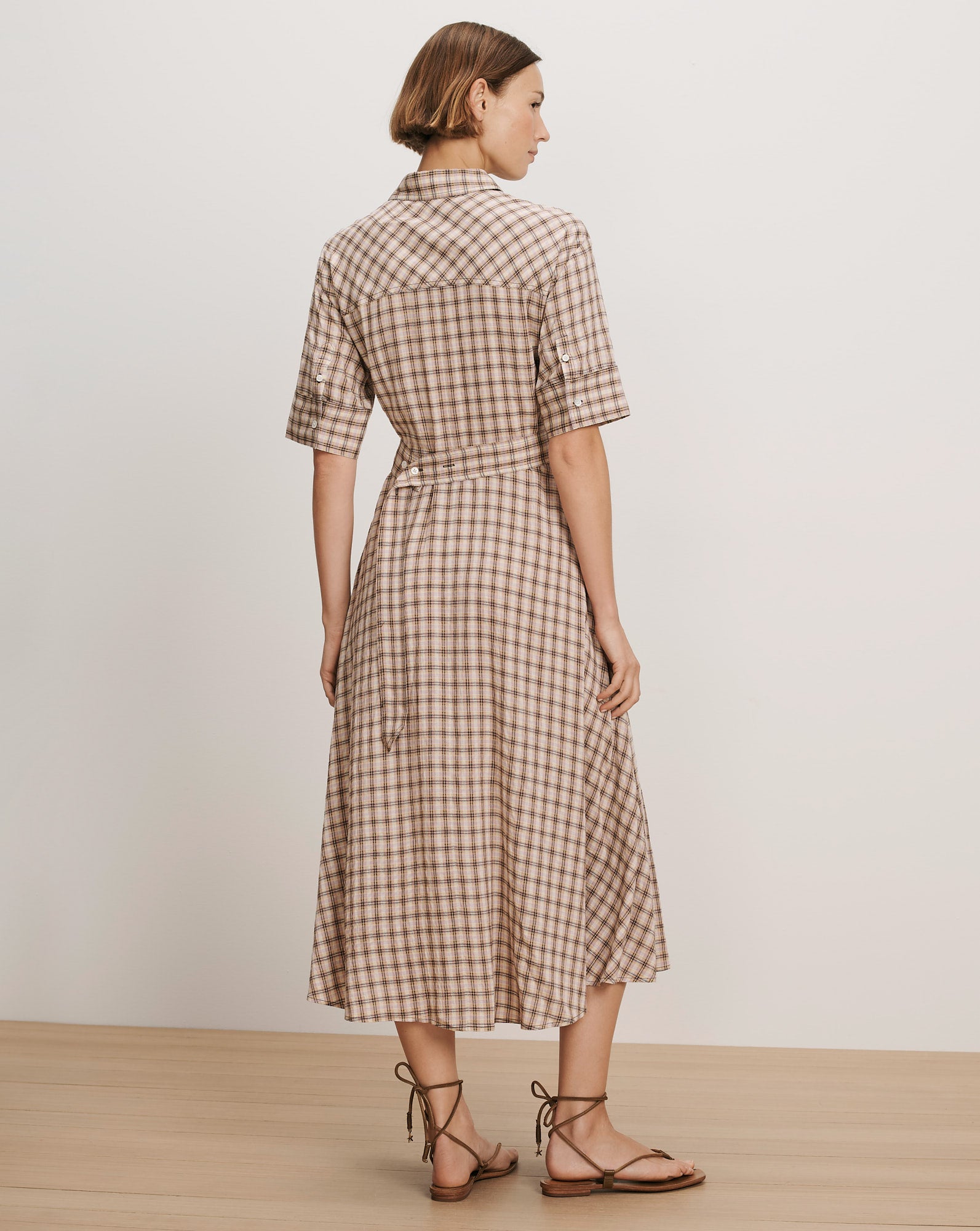 beige plaid dress Tan Plaid Long Sleeve Square Neck Smocked Tiered Maxi Dress