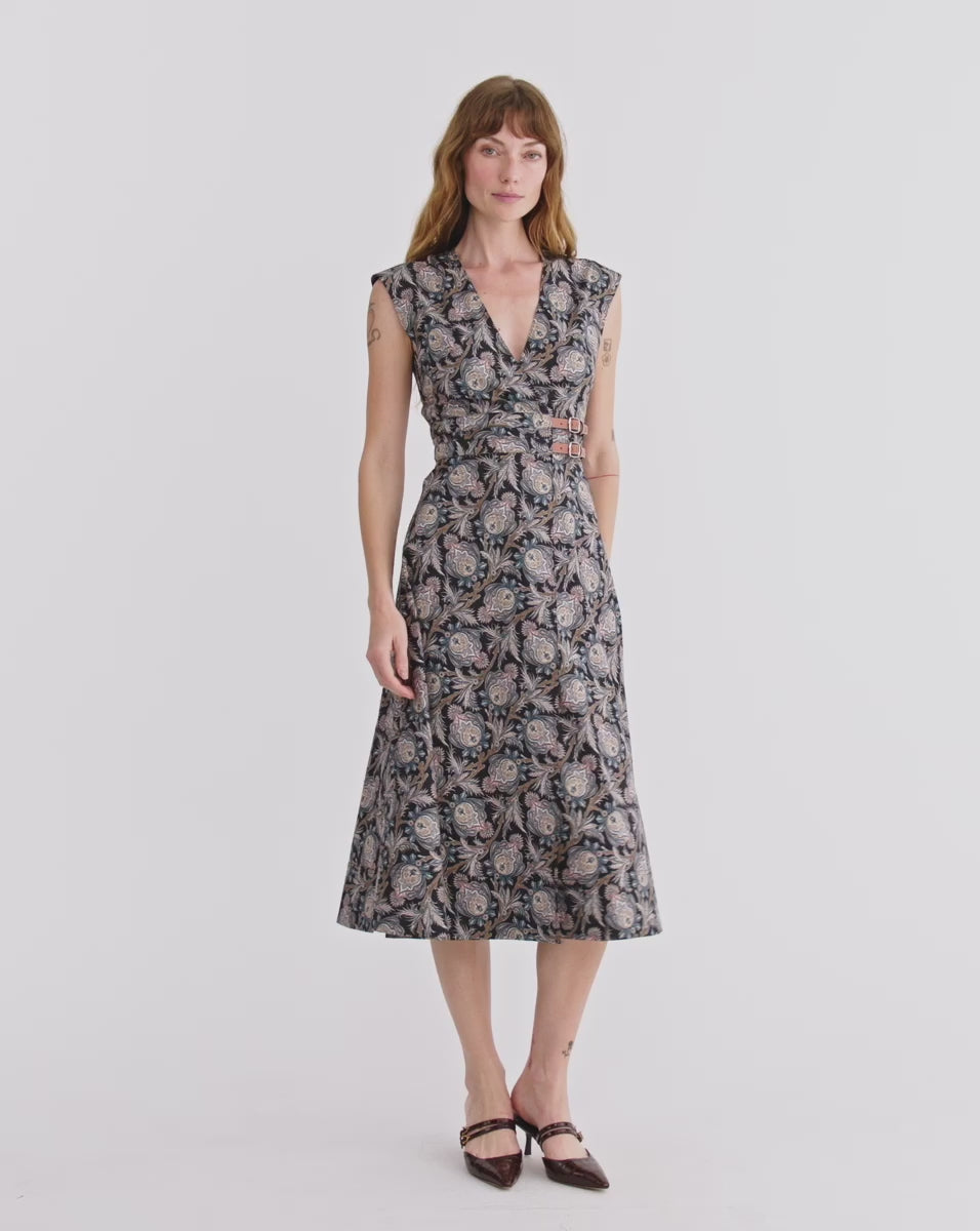 Nilsen Belted Midi Dress in Black & Blue Floral