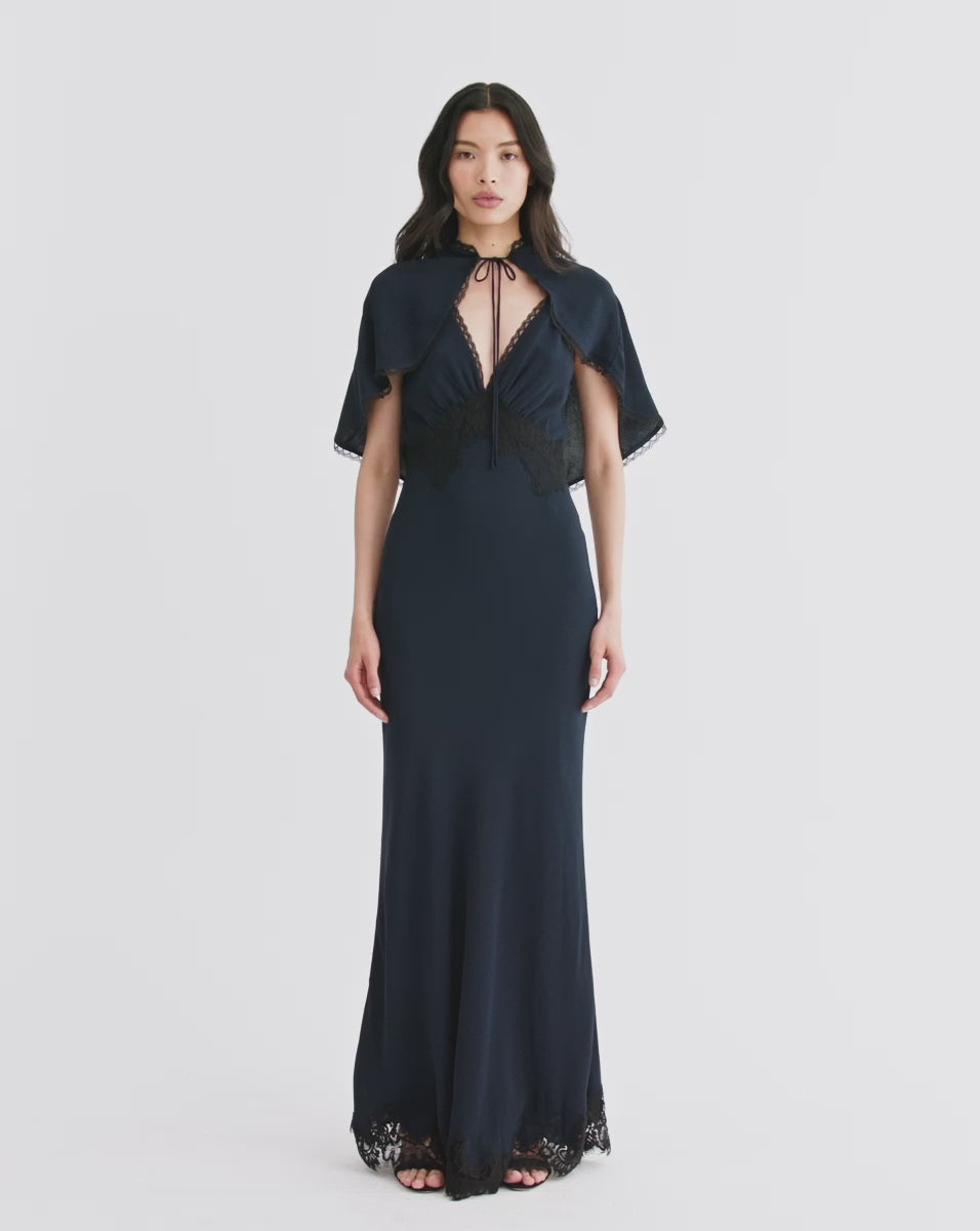 Veronica Beard Muriel Lace-Trim Maxi Dress | Navy | Size 8