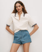 Veronica Beard White knit polo shirt with striped collar and
