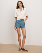 Veronica Beard White knit polo shirt with navy trim, blue