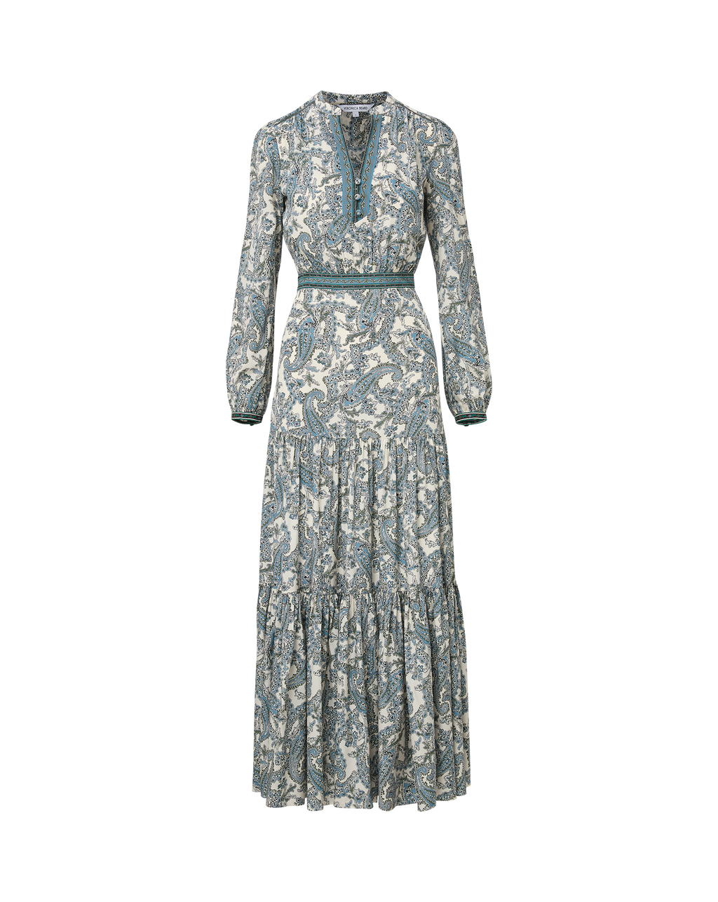 Veronica Beard White and blue paisley print maxi dress with long sleeves.