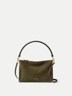 Veronica Beard Olive green suede shoulder bag with braided handle.