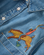 Veronica Beard Blue denim short-sleeve button-up shirt with embroidery and
