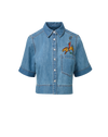 Veronica Beard Blue denim short-sleeve button-up shirt with embroidery and