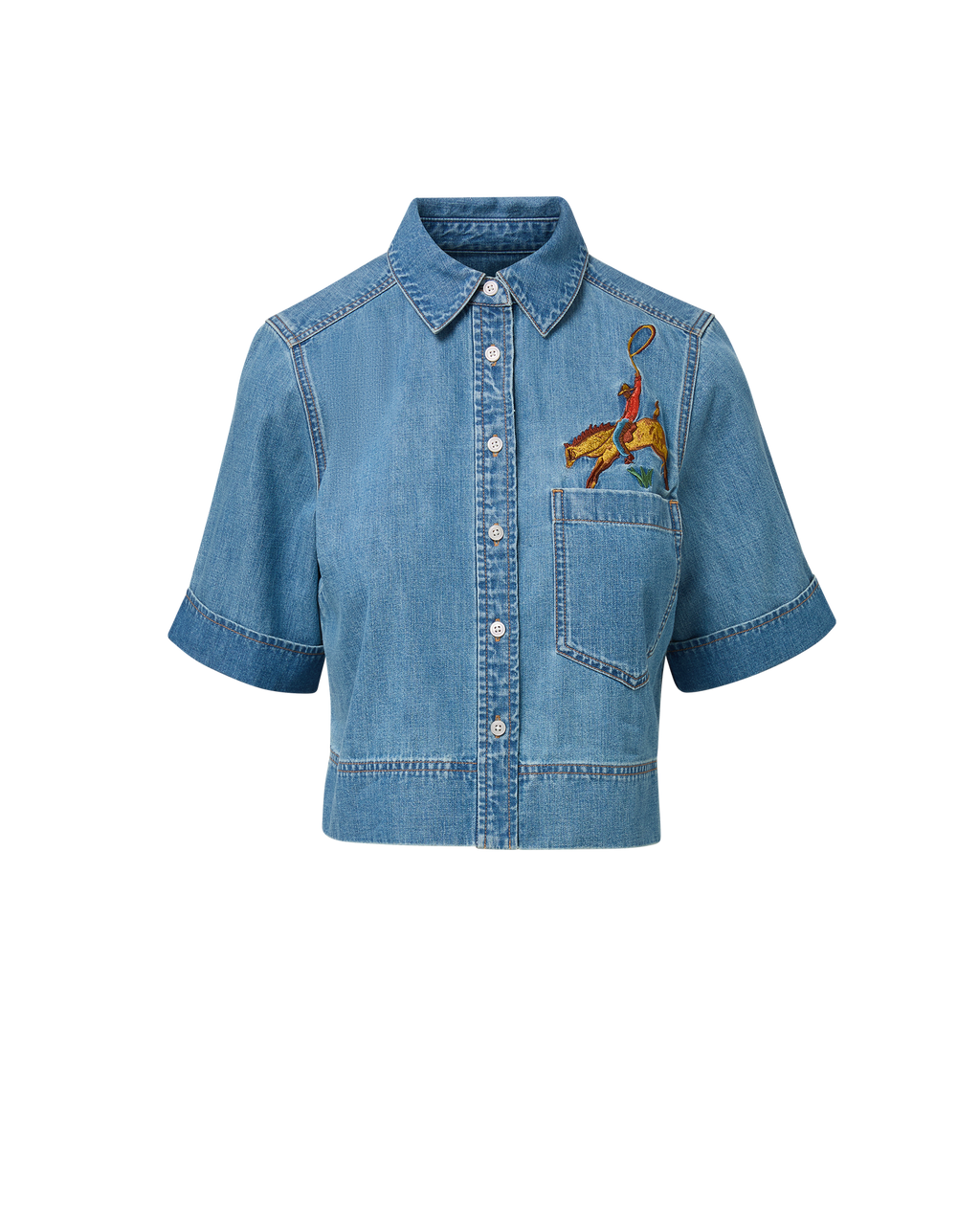 Veronica Beard Blue denim short-sleeve button-up shirt with embroidery and