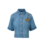 Veronica Beard Blue denim short-sleeve button-up shirt with embroidery and