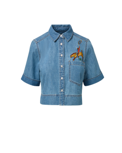 Veronica Beard Blue denim short-sleeve button-up shirt with embroidery and