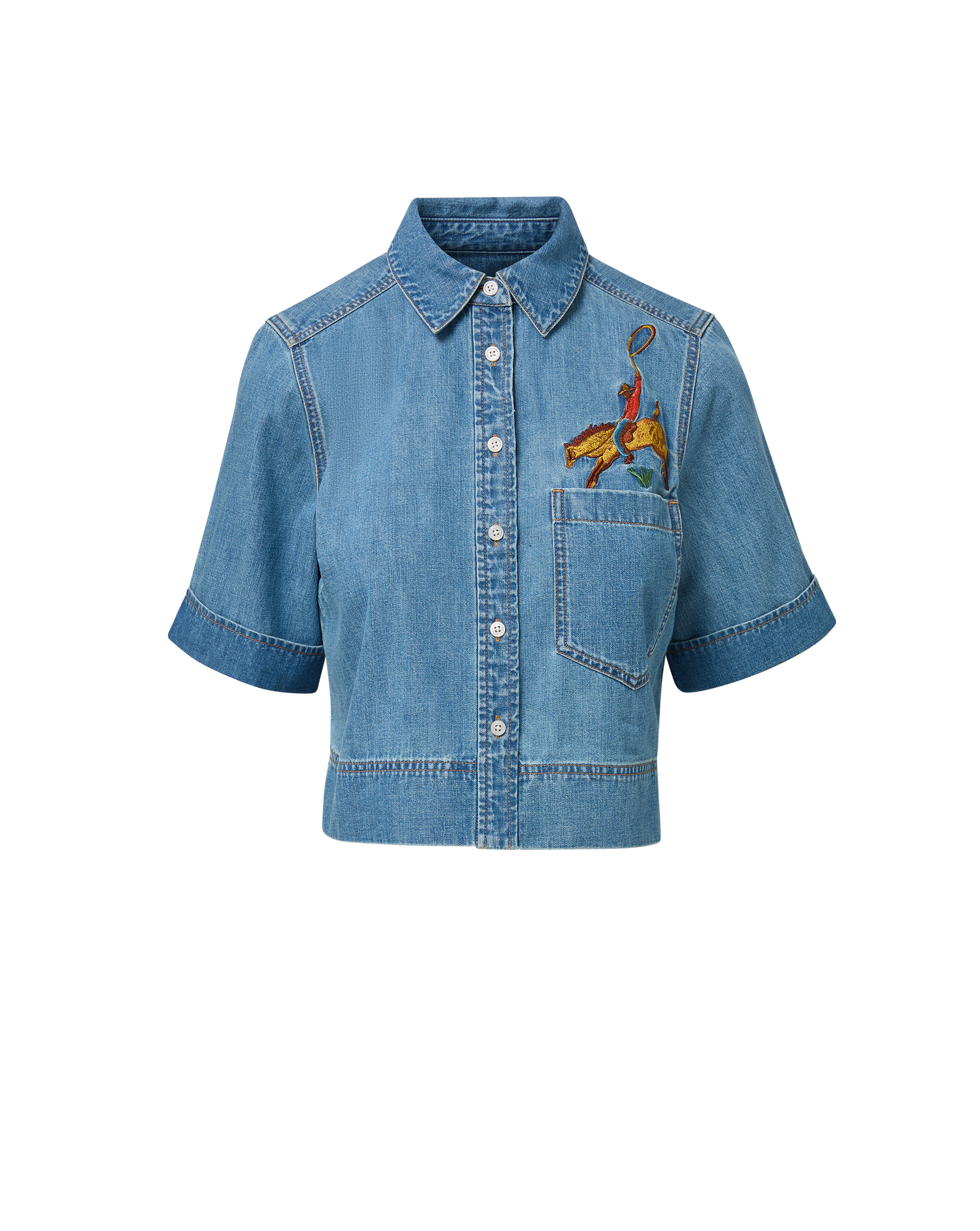 Veronica Beard Blue denim short-sleeve button-up shirt with embroidery and