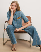 Veronica Beard Blue denim short-sleeve shirt and wide-leg pants with