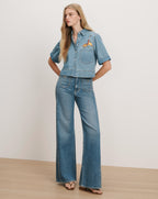 Veronica Beard Blue denim short-sleeve button-up shirt with embroidery and