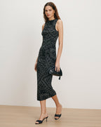 Veronica Beard Black and white patterned sleeveless midi dress.