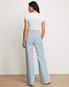 Veronica Beard White and teal striped wide-leg jeans.