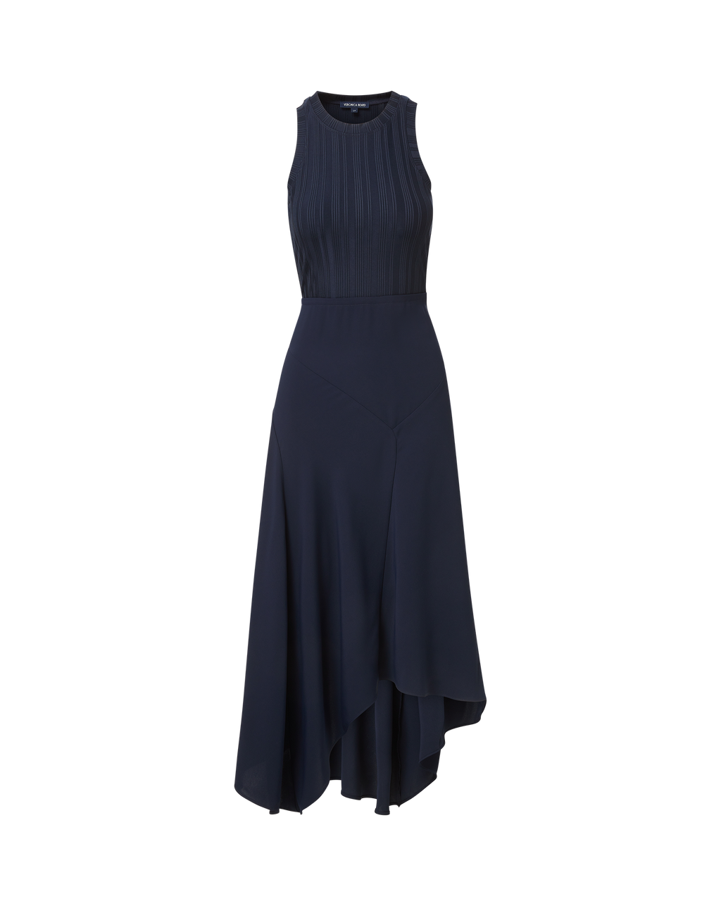Veronica Beard Navy sleeveless pleated bodice asymmetrical midi dress.