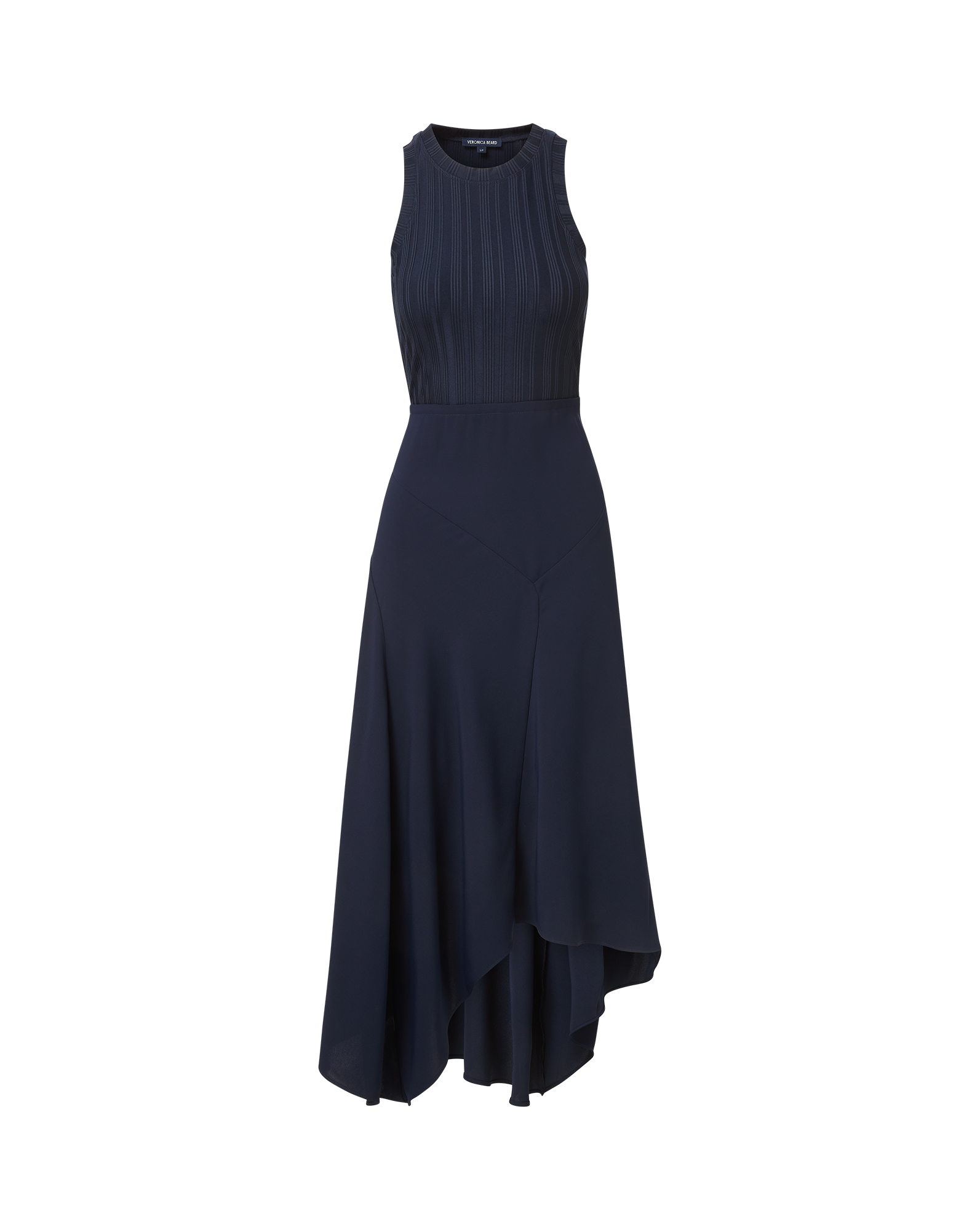 Veronica Beard Navy sleeveless pleated bodice asymmetrical midi dress.
