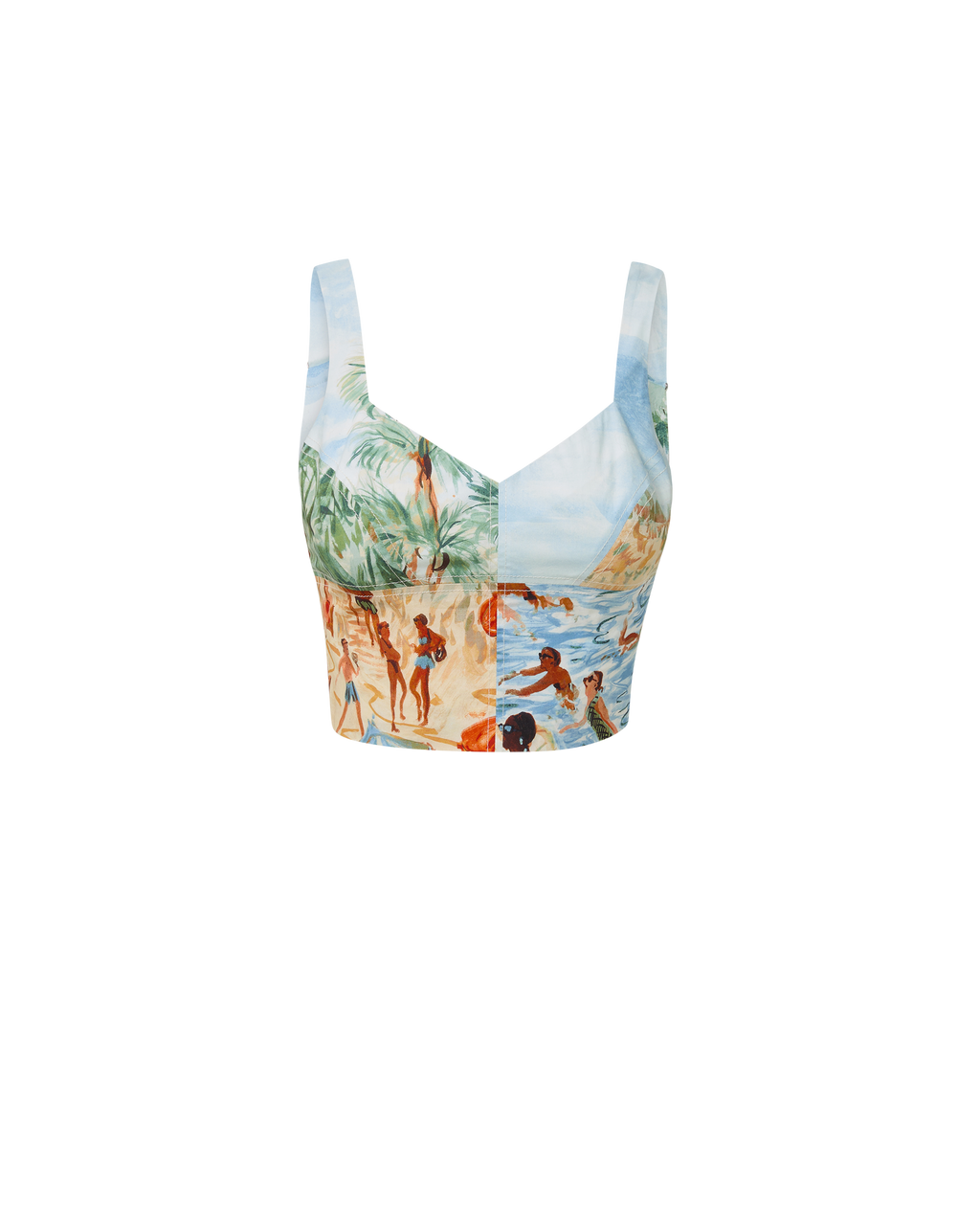 Veronica Beard Printed crop top and off-white wide-leg pants.