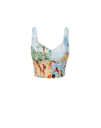 Veronica Beard Printed crop top and off-white wide-leg pants.