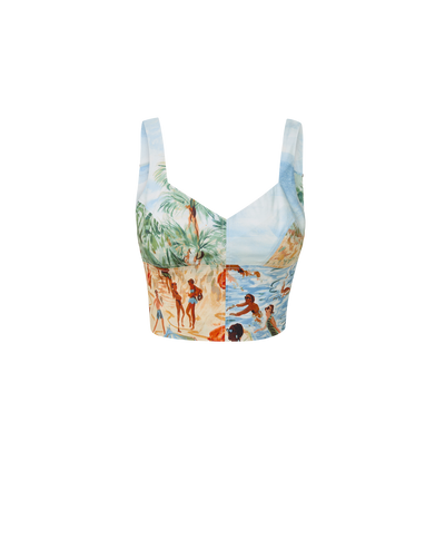 Veronica Beard Printed crop top and off-white wide-leg pants.