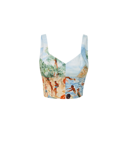 Veronica Beard White and blue tropical print bustier top.
