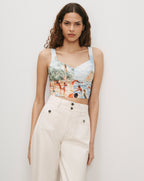 Veronica Beard White and blue tropical print bustier top.