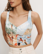 Veronica Beard White and blue tropical print cotton crop top.