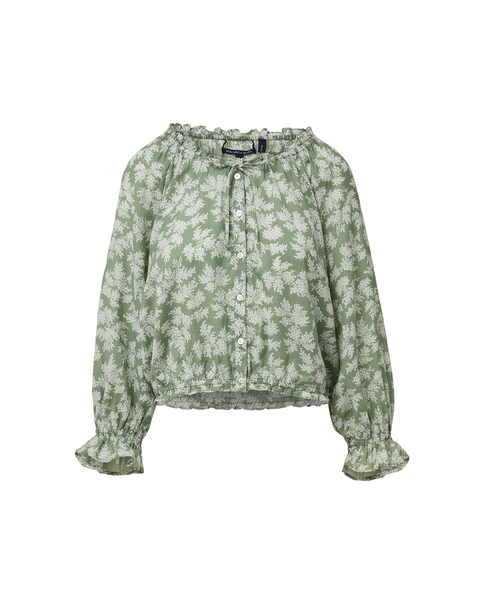 Veronica Beard Green floral off-the-shoulder blouse with ruffled cuffs.